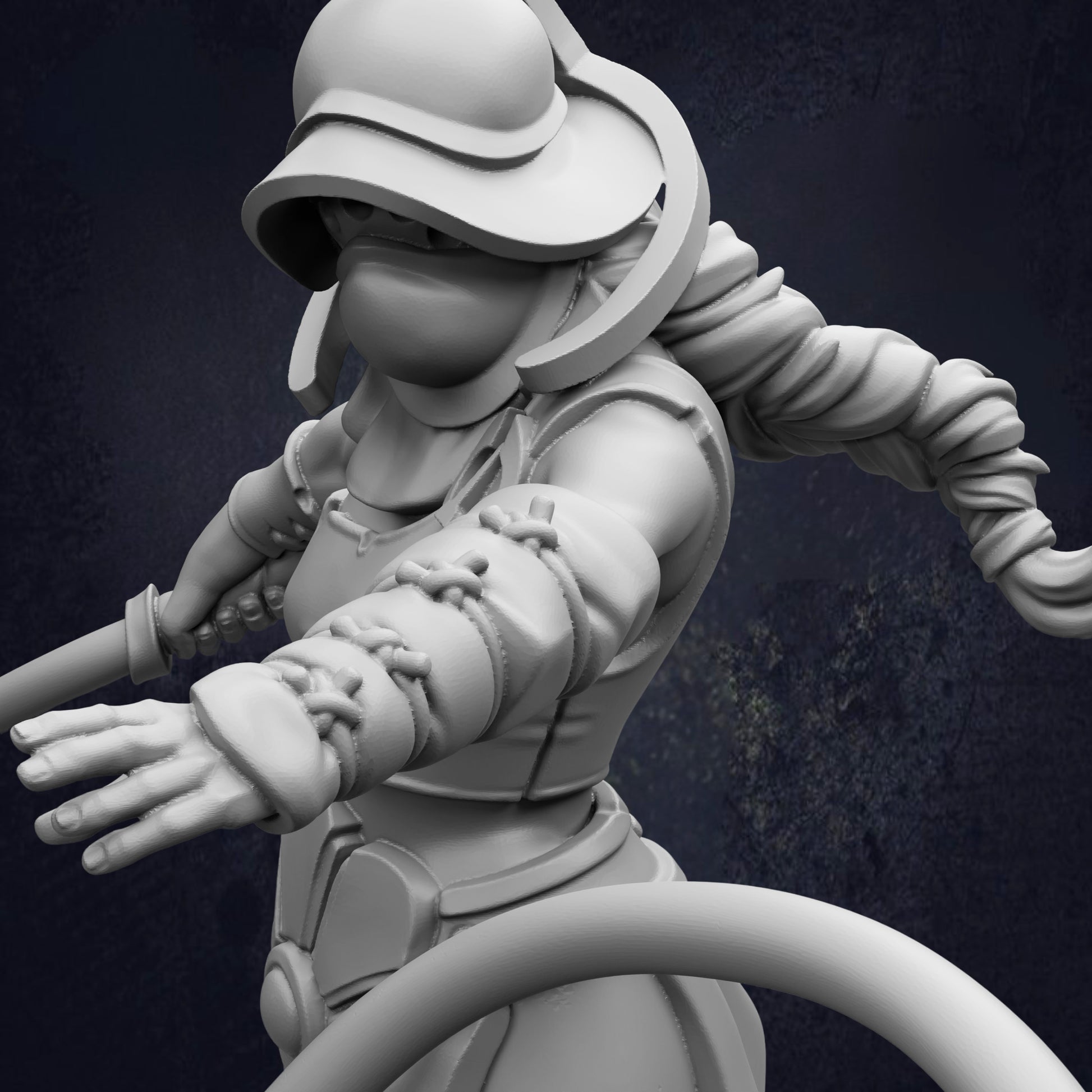 A detailed 3D rendering of a female character in medieval armor, with a helmet and a sword in her hands.