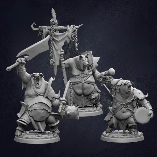 three figurines of fantastical creatures, each holding various weapons and accessories, set against a dark background.