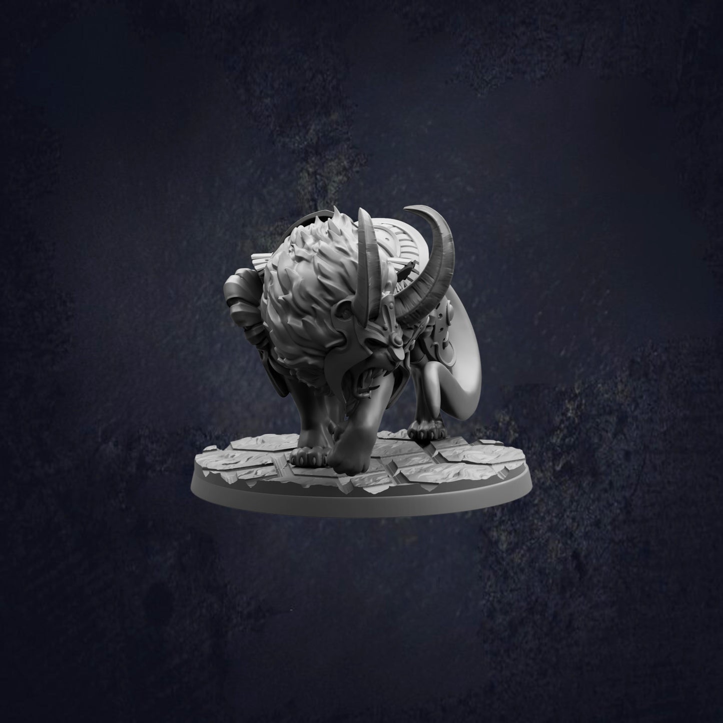 A dark, moody image featuring a large, horned creature with a fierce expression, standing on a platform against a dark background.