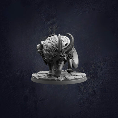 A dark, moody image featuring a large, horned creature with a fierce expression, standing on a platform against a dark background.