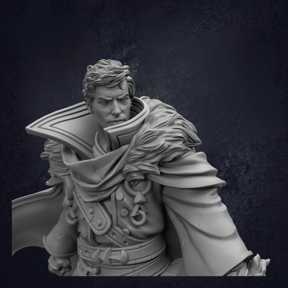 A detailed 3D model of a character with a serious expression, wearing a cape and a coat with intricate details.
