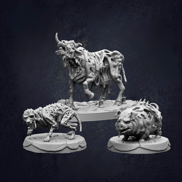 three sculptures of fantastical creatures, including a large, monstrous bull-like creature, a smaller, monstrous creature, and a pig-like creature.