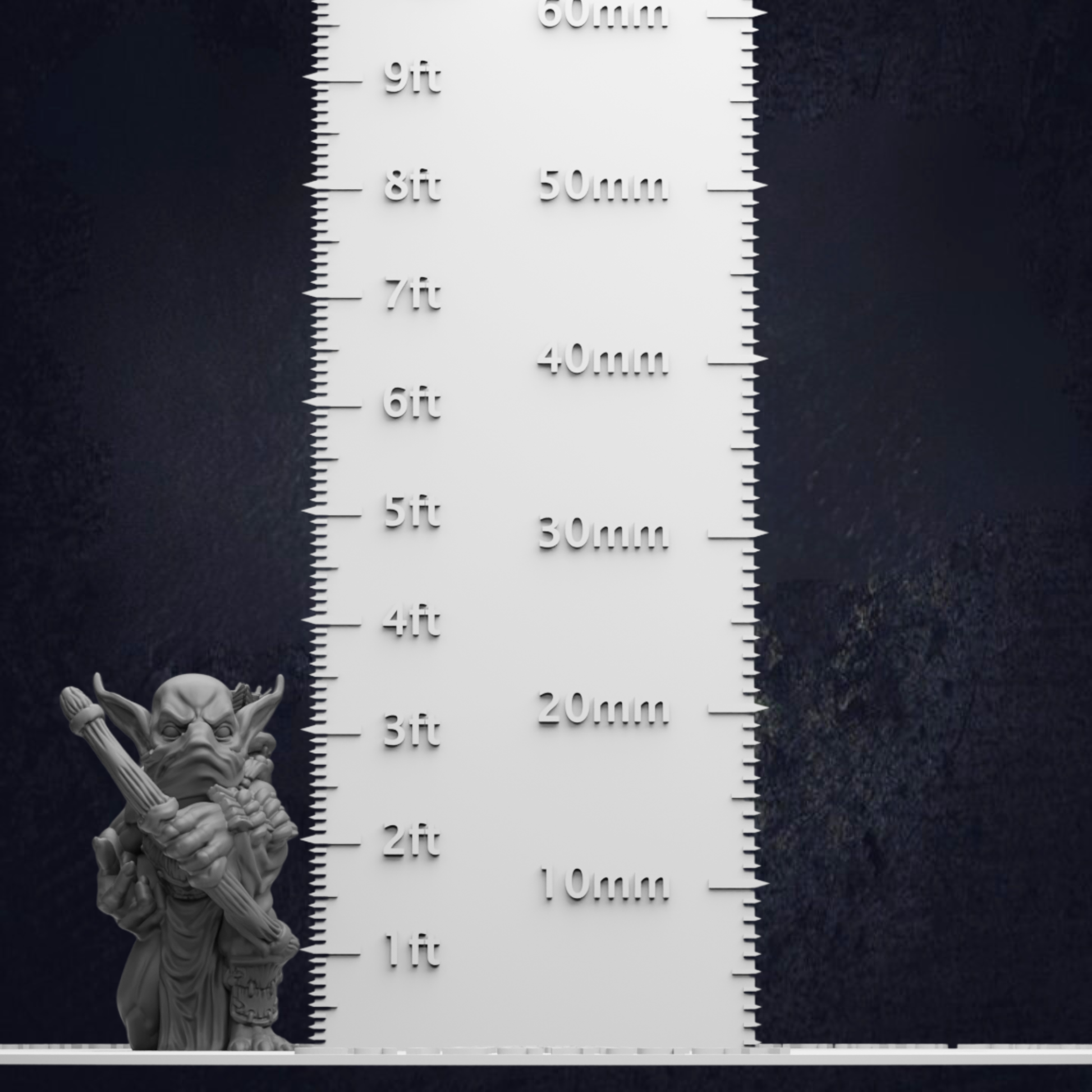 A 3D model of a small, furry creature holding a guitar, with a ruler indicating the size of the creature in millimeters.