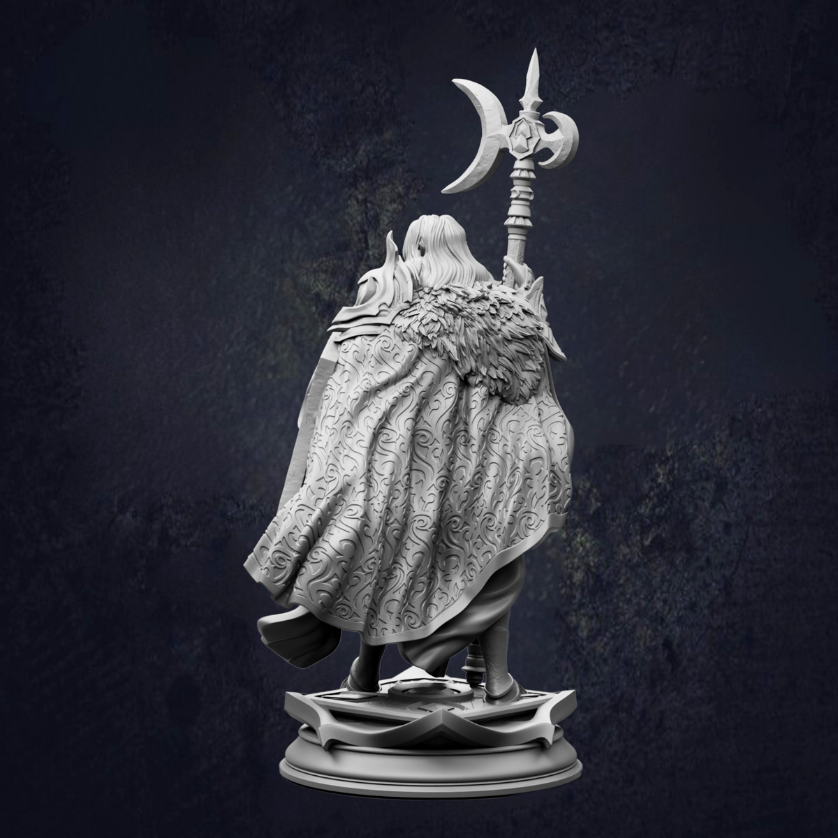 A detailed 3D model of a fantasy character, possibly a warrior or deity, standing on a pedestal and holding a crescent moon and a staff.