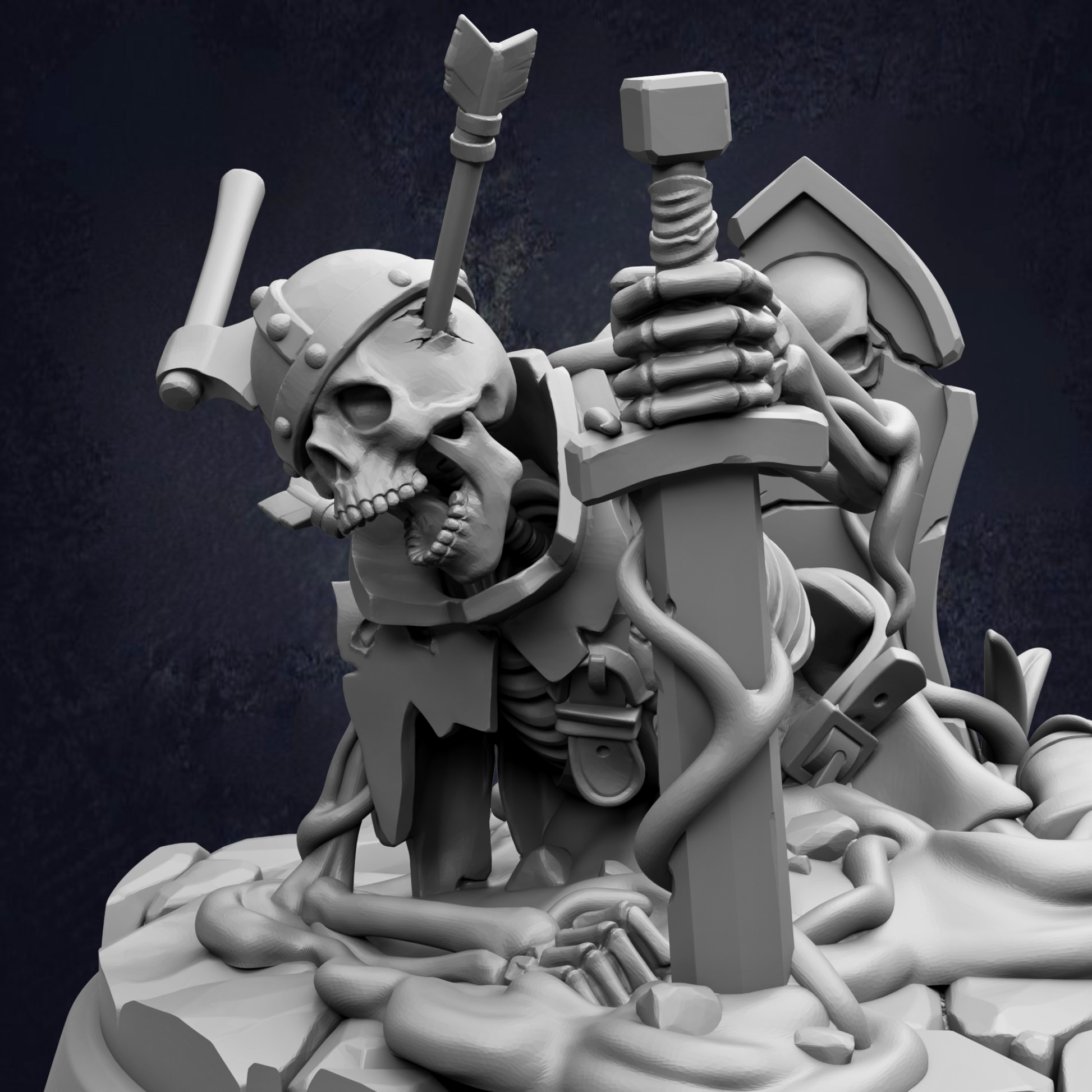 A 3D rendering of a skeletal figure holding a sword and shield, with a dark background.