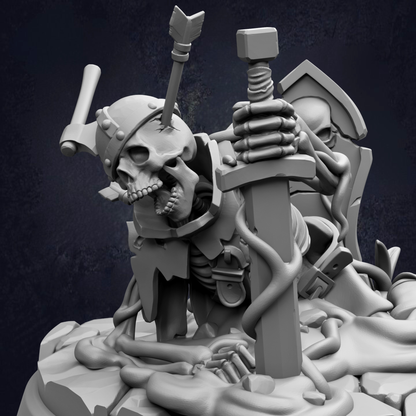 A 3D rendering of a skeletal figure holding a sword and shield, with a dark background.