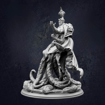A detailed 3D model of a statue depicting a figure with a crown and holding a staff, standing on a pedestal with roots emerging from the base.