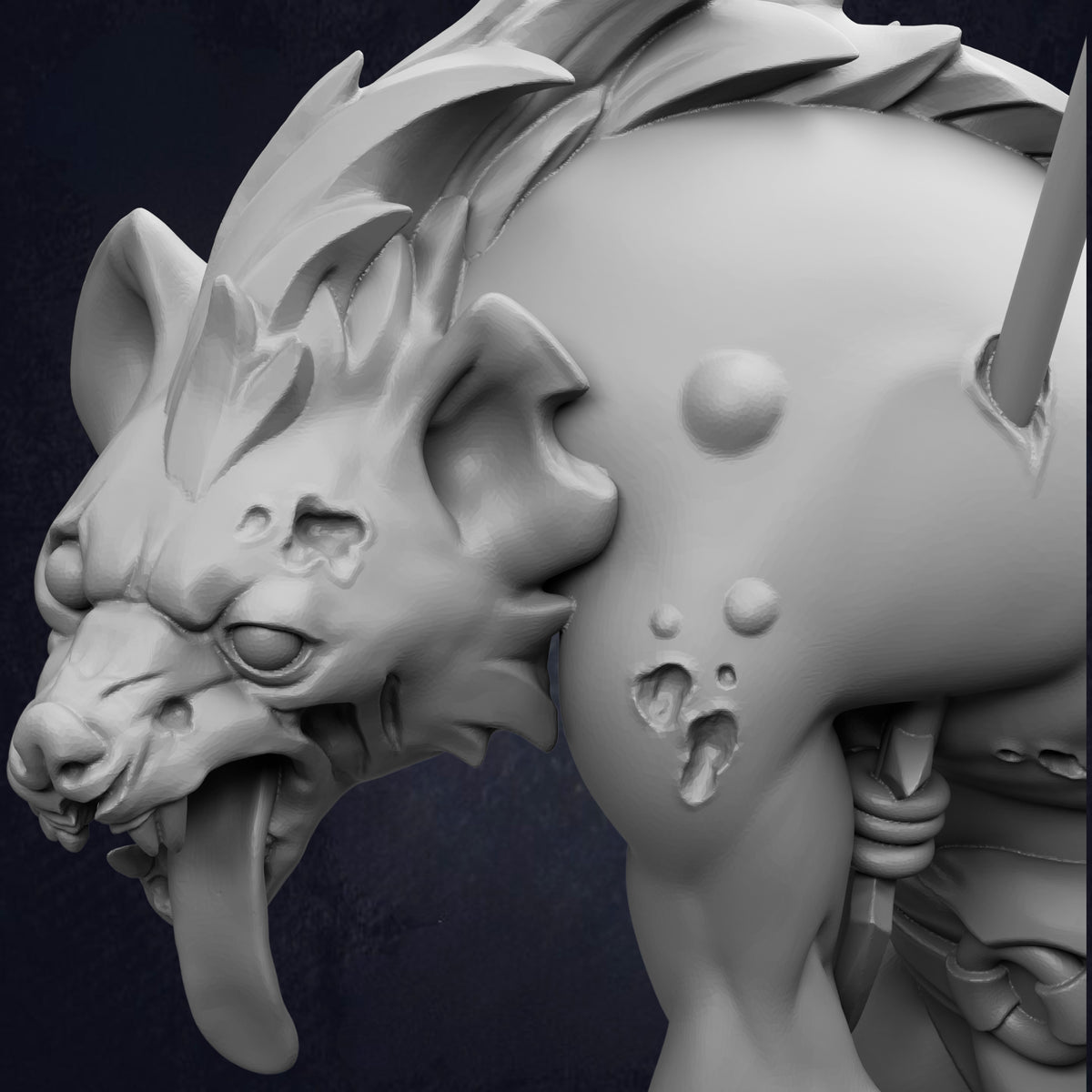 A detailed 3D rendering of a fierce-looking creature, possibly a mythical or fantastical animal, with sharp teeth and an intense expression.