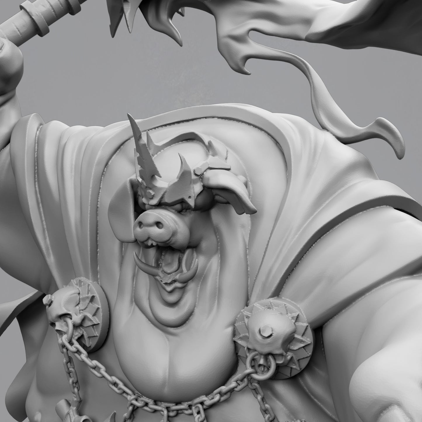 A detailed black and white 3D rendering of a fantastical creature, possibly a monster or a dragon, with intricate facial features and ornate armor or weapons.