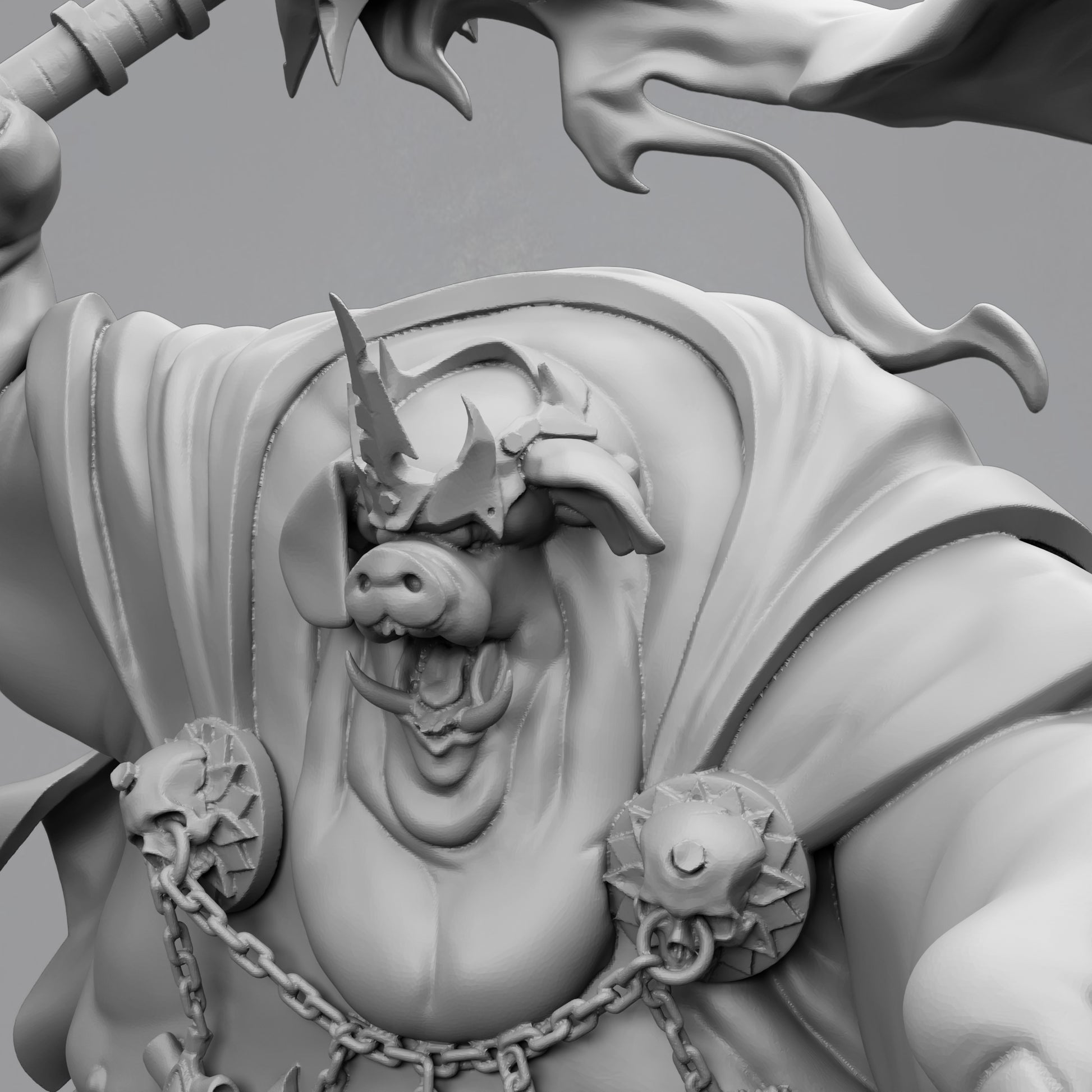 A detailed black and white 3D rendering of a fantastical creature, possibly a monster or a dragon, with intricate facial features and ornate armor or weapons.