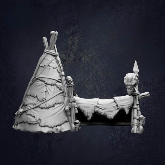 A 3D rendering of a tent-like structure with a pointed roof and a small figure standing on top of it, set against a dark background.