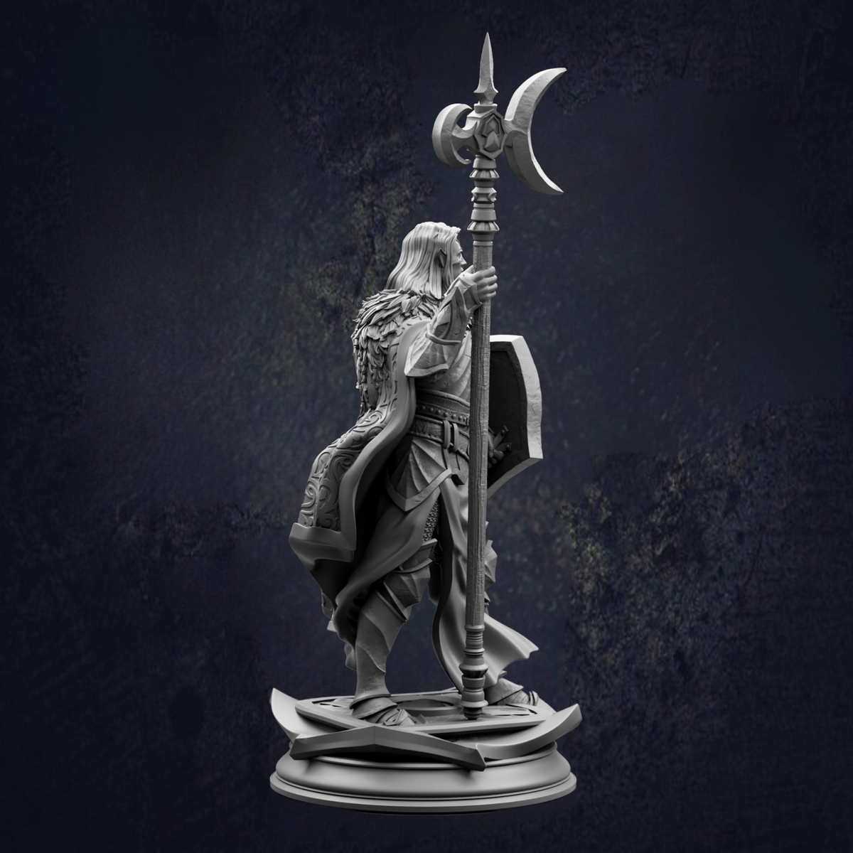 A detailed 3D model of a knight holding a spear and shield, standing on a pedestal against a dark background.