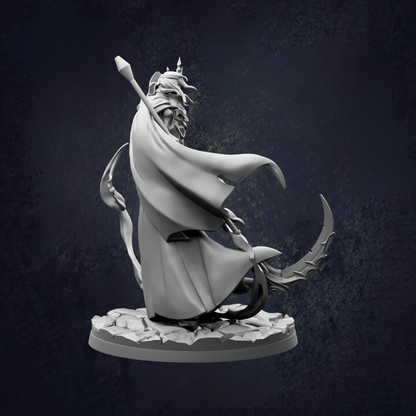 A 3D rendering of a fantastical character with a flowing cape and a large weapon, set against a dark background.