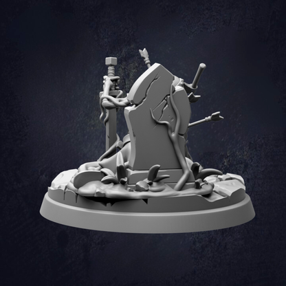A 3D rendering of a skull-like figure with a sword and other weapons, set against a dark background.