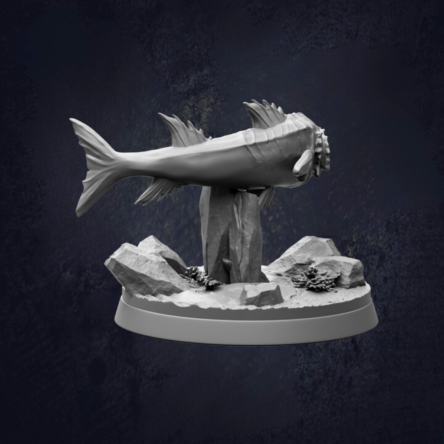 A 3D model of a fish sculpture is displayed on a rock base against a dark background.