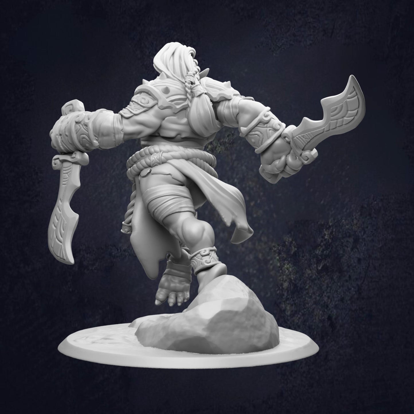 A white, detailed 3D model of a warrior figure holding a sword and shield, standing on a rock.