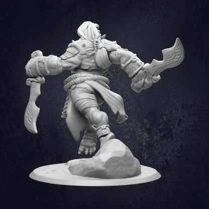 A white, detailed 3D model of a warrior figure holding a sword and shield, standing on a rock.