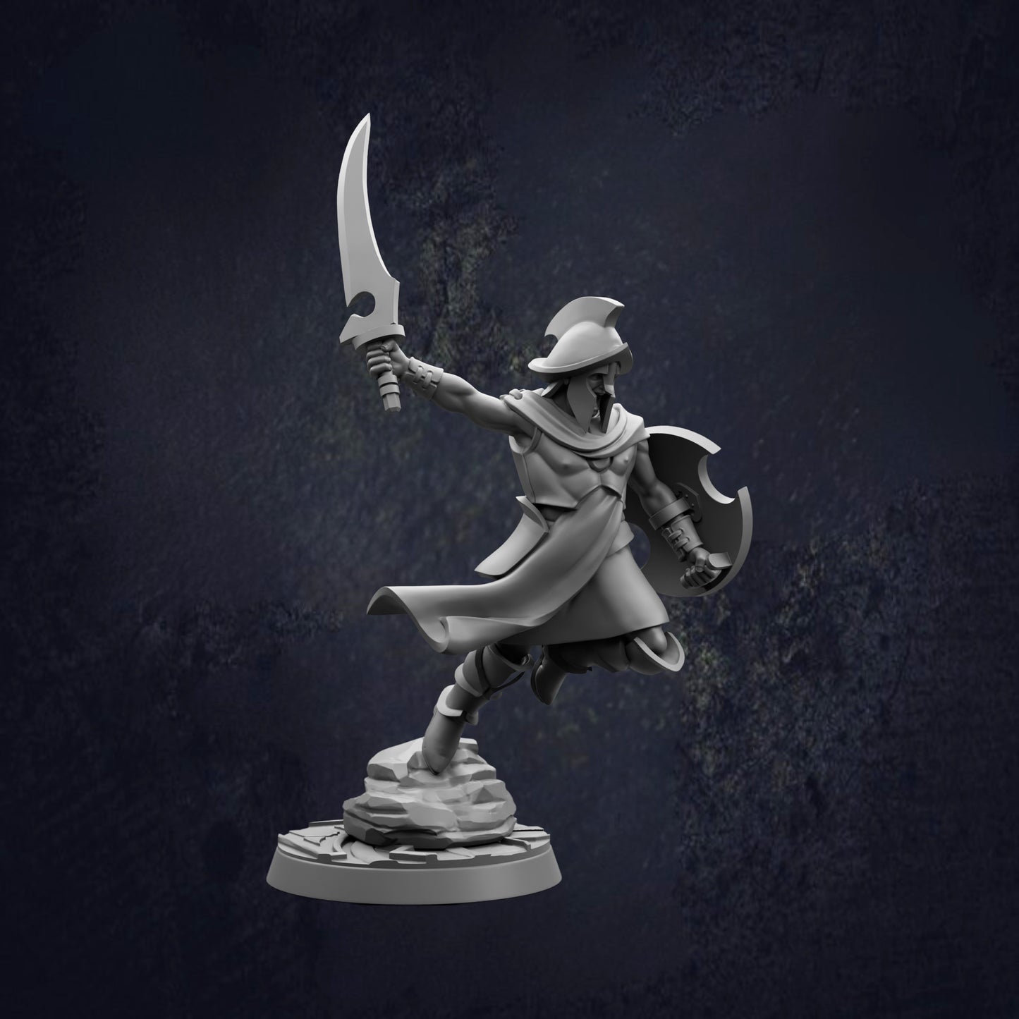 A 3D model of a warrior figure holding a sword and shield, standing on a rock against a dark background.