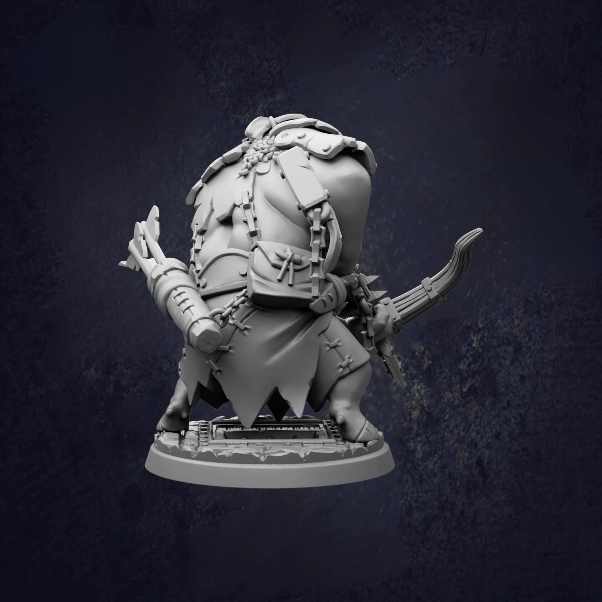 A 3D rendering of a character with a sword and a chain, standing against a dark background.