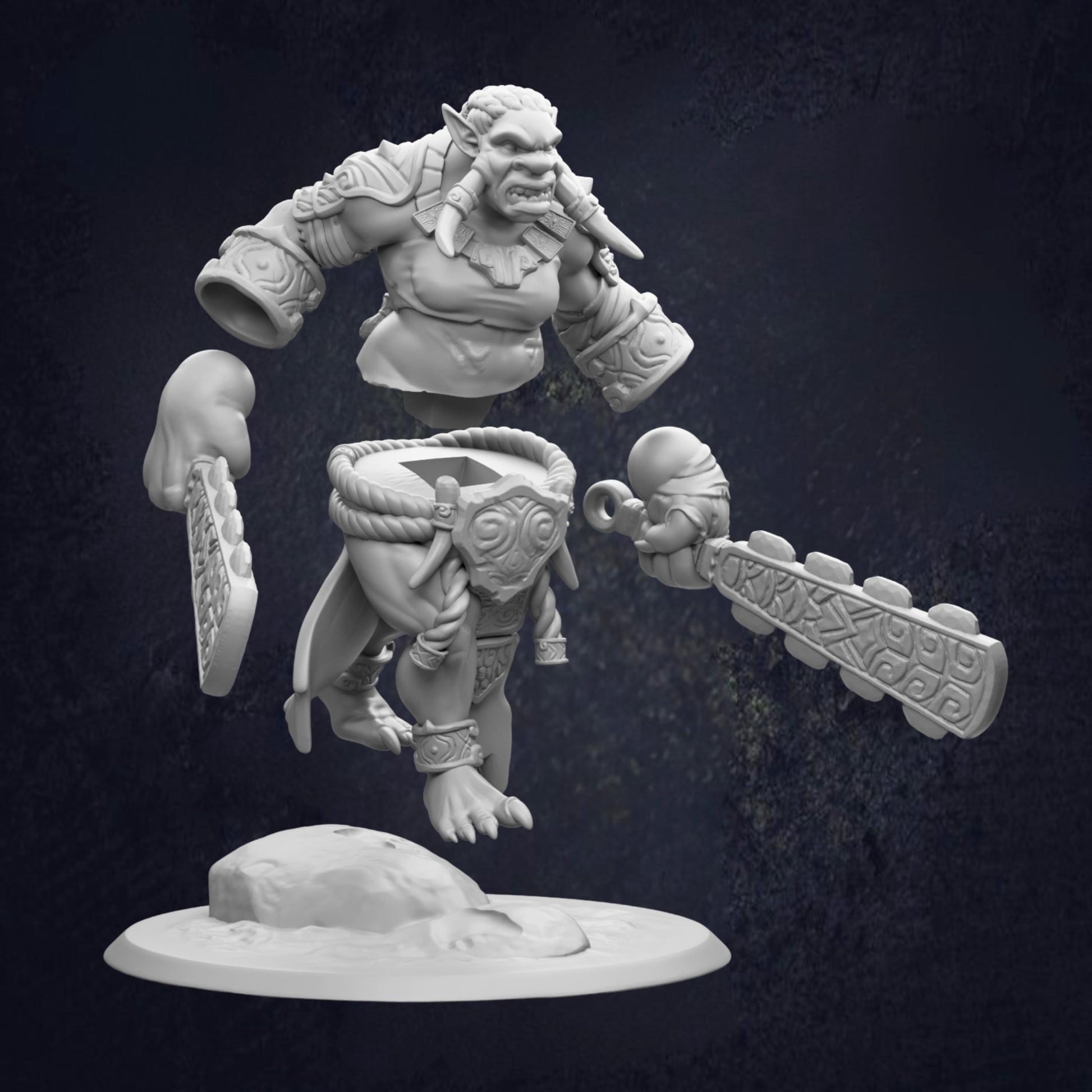 A 3D rendering of a fantasy character, possibly a monster or dragon, with intricate armor and weapons. The character appears to be in motion, with a sword in hand and a shield. The background is dark, which emphasizes the character and its details.