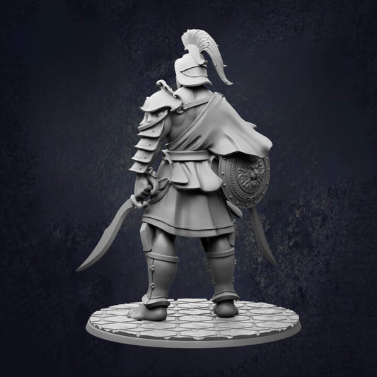A 3D rendering of a warrior figure in a suit of armor, holding a shield and sword, standing on a platform against a dark background.