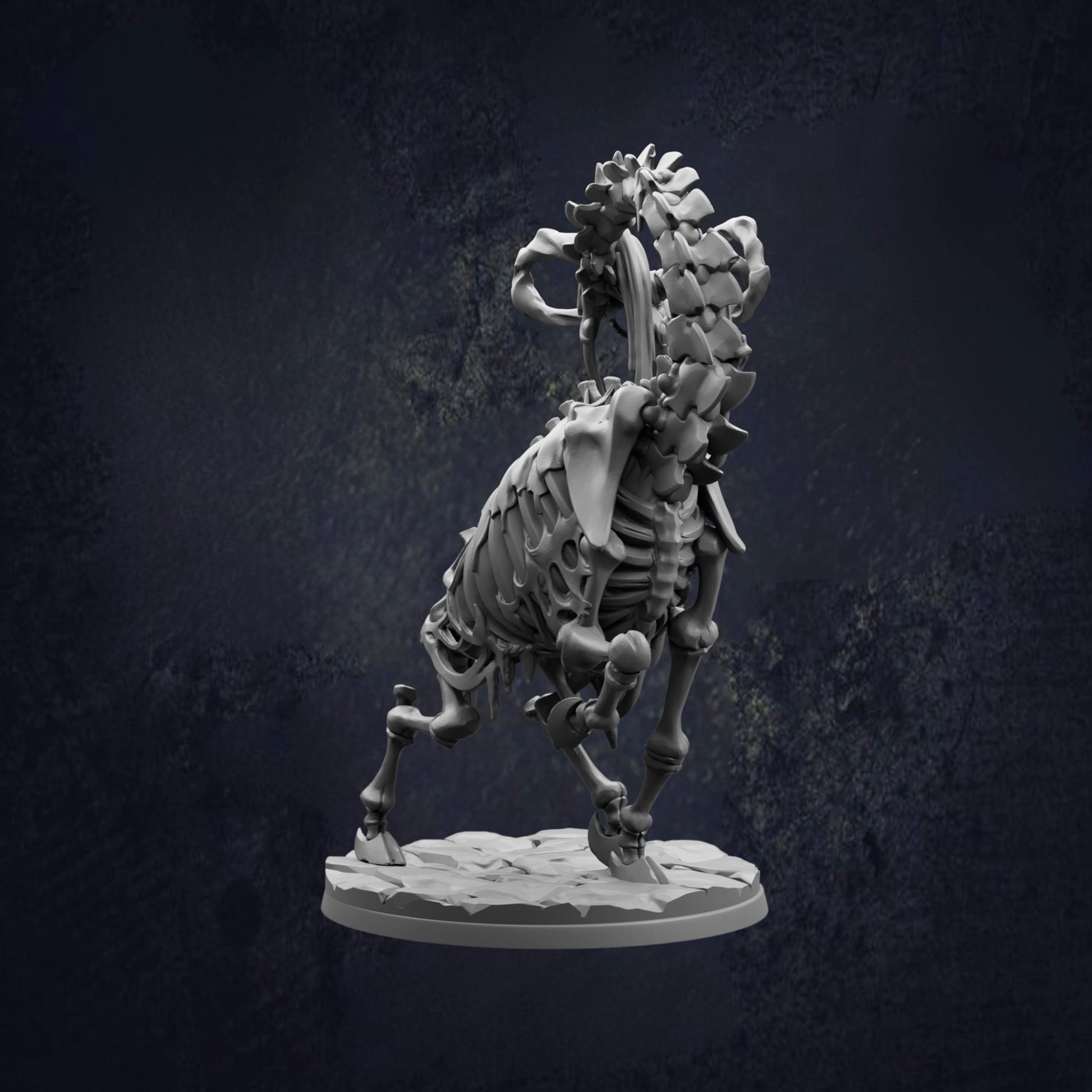 A 3D rendering of a skeletal horse figure, with intricate details and a dark background.
