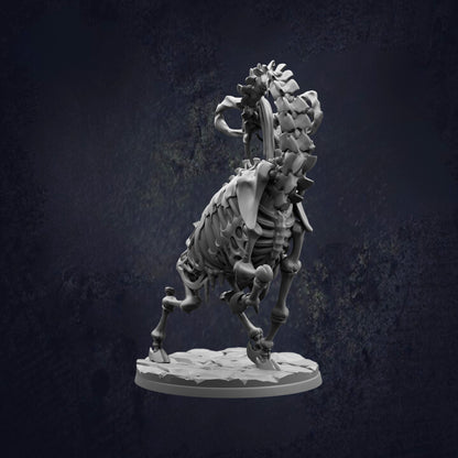 A 3D rendering of a skeletal horse figure, with intricate details and a dark background.