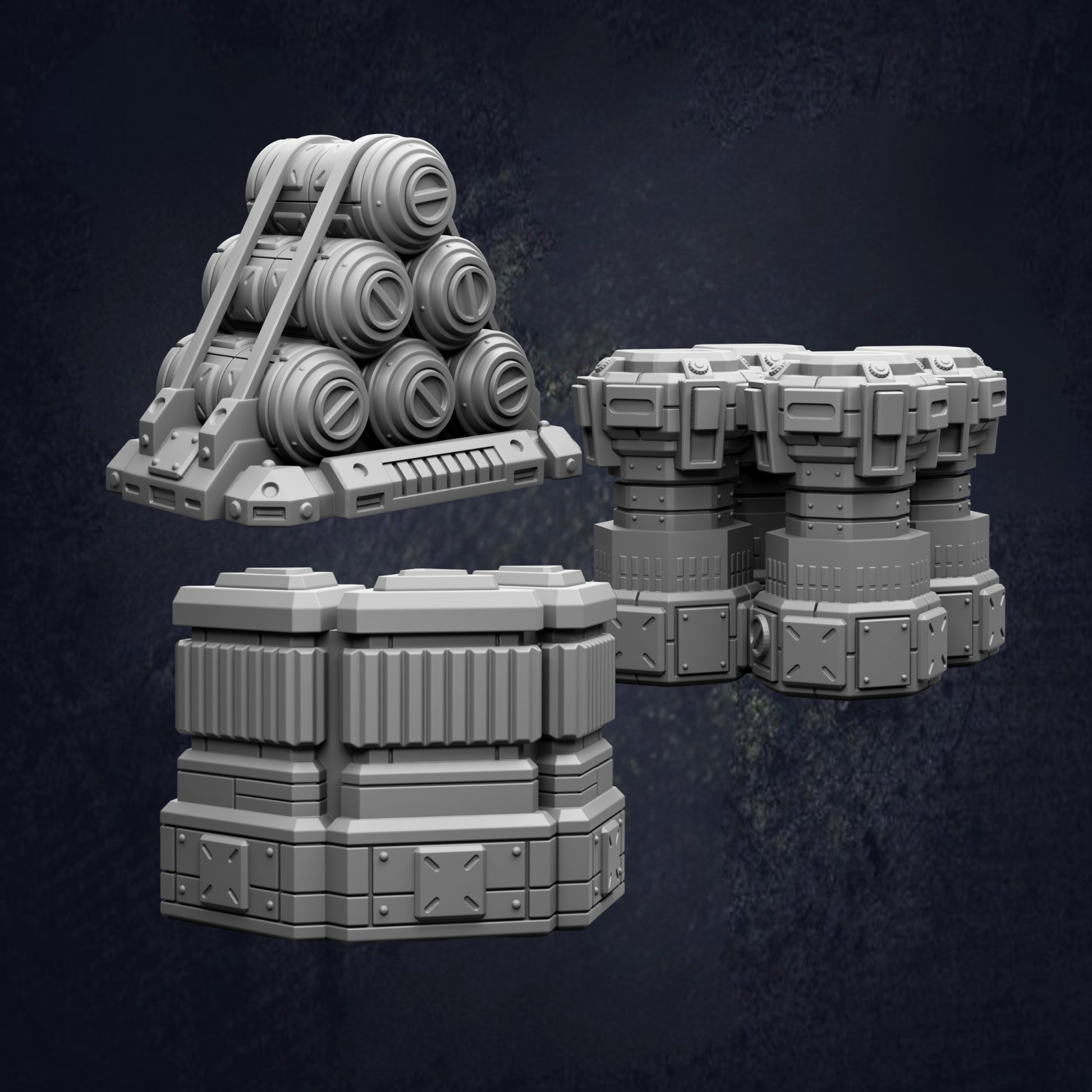 three different 3D models or structures, including a pyramid-shaped object, a cylindrical object, and a rectangular object, all set against a dark background.