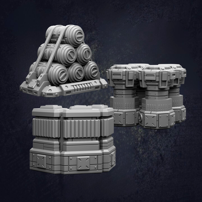 three different 3D models or structures, including a pyramid-shaped object, a cylindrical object, and a rectangular object, all set against a dark background.