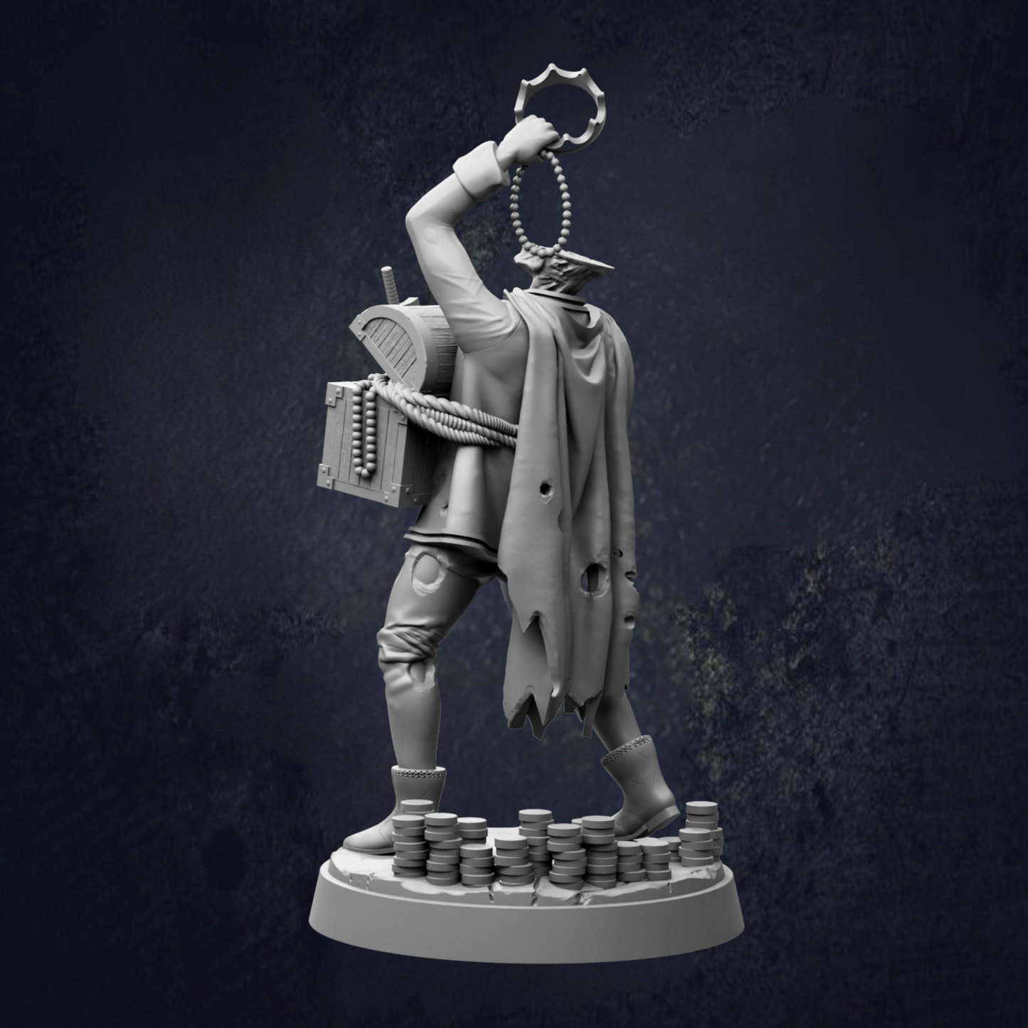 A 3D rendering of a figure holding a chain and standing on a pile of coins against a dark background.