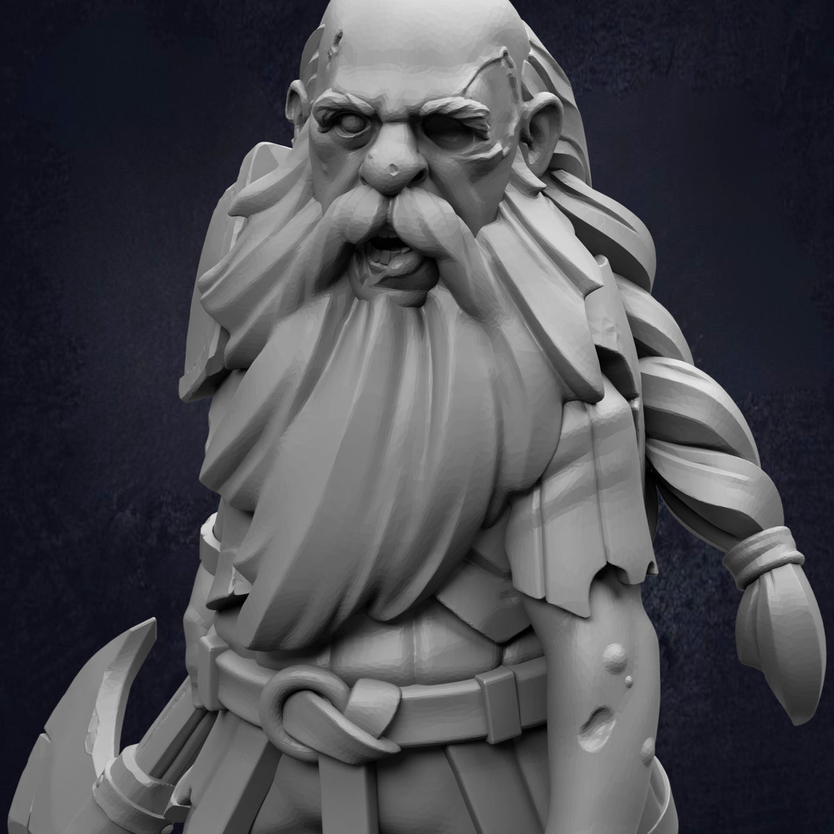 A detailed 3D rendering of a bearded, elderly man with a stern expression, wearing a belt and holding a weapon.