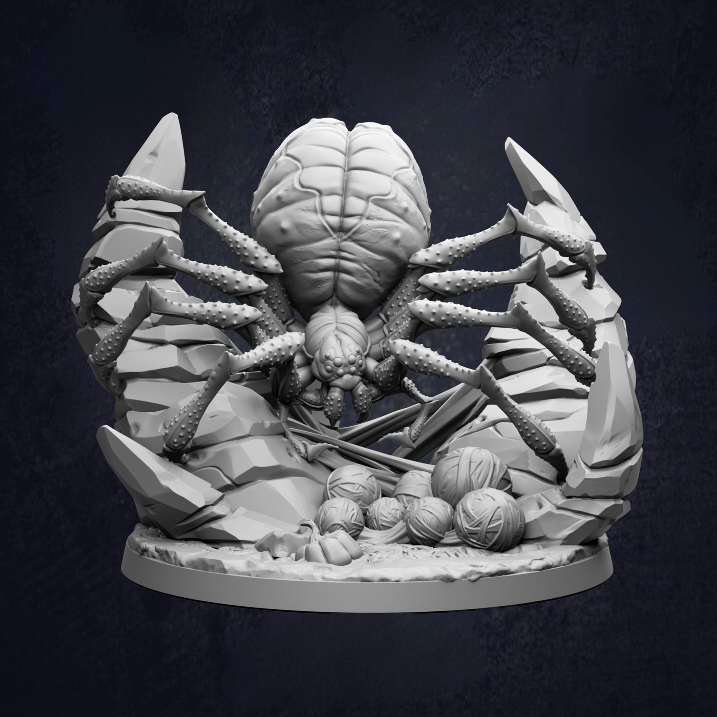 A detailed 3D model of a large spider with eight legs, situated on a rocky base and surrounded by various objects.