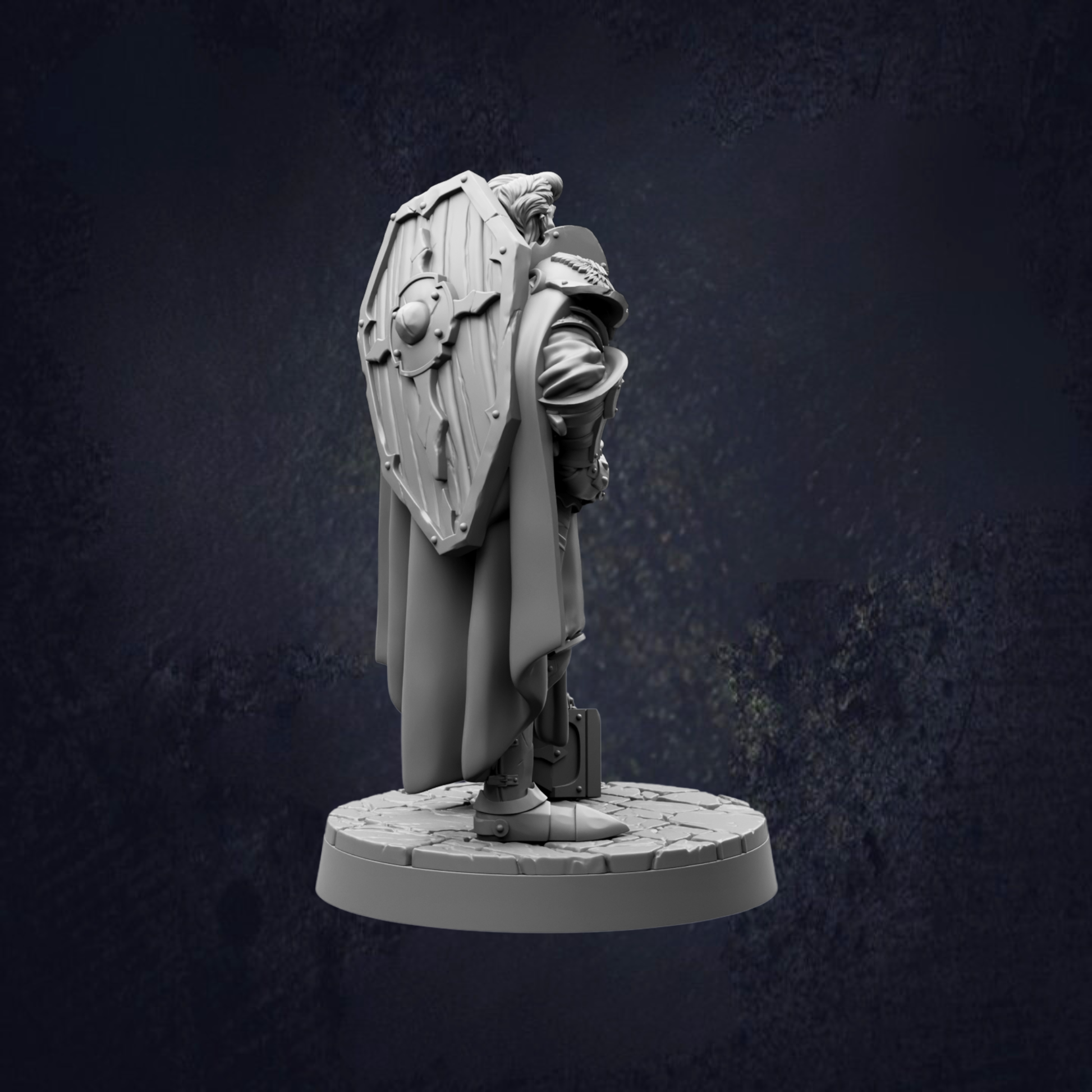 A 3D model of a knight in armor, standing on a pedestal against a dark background.