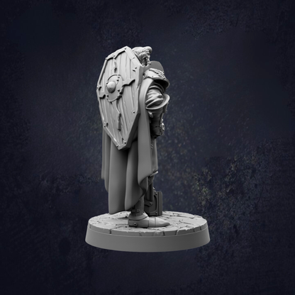 A 3D model of a knight in armor, standing on a pedestal against a dark background.
