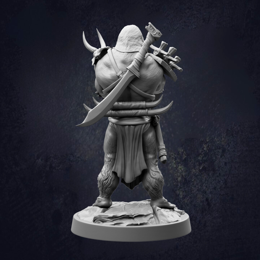 A detailed 3D model of a warrior figure, standing on a base and holding a sword and shield.