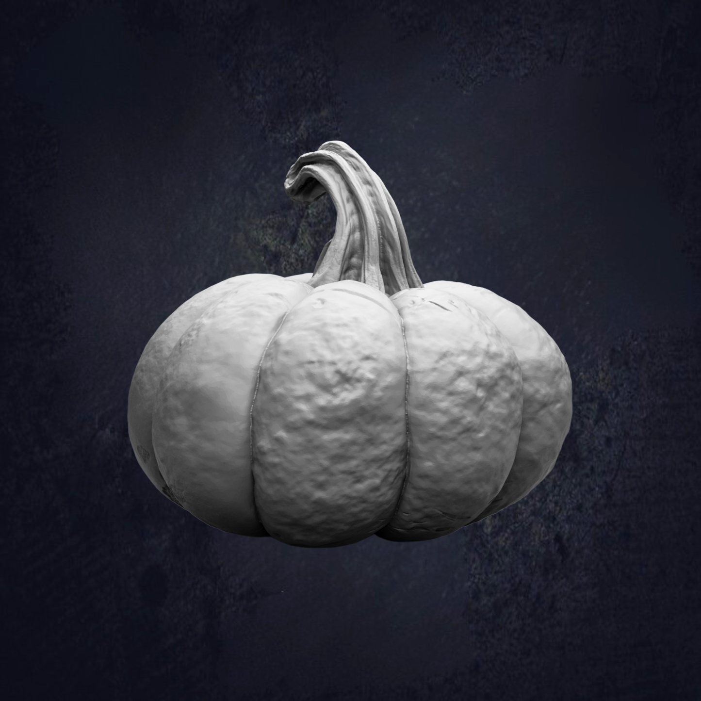 A white, textured pumpkin with a curved stem is the central focus of the image against a dark background.