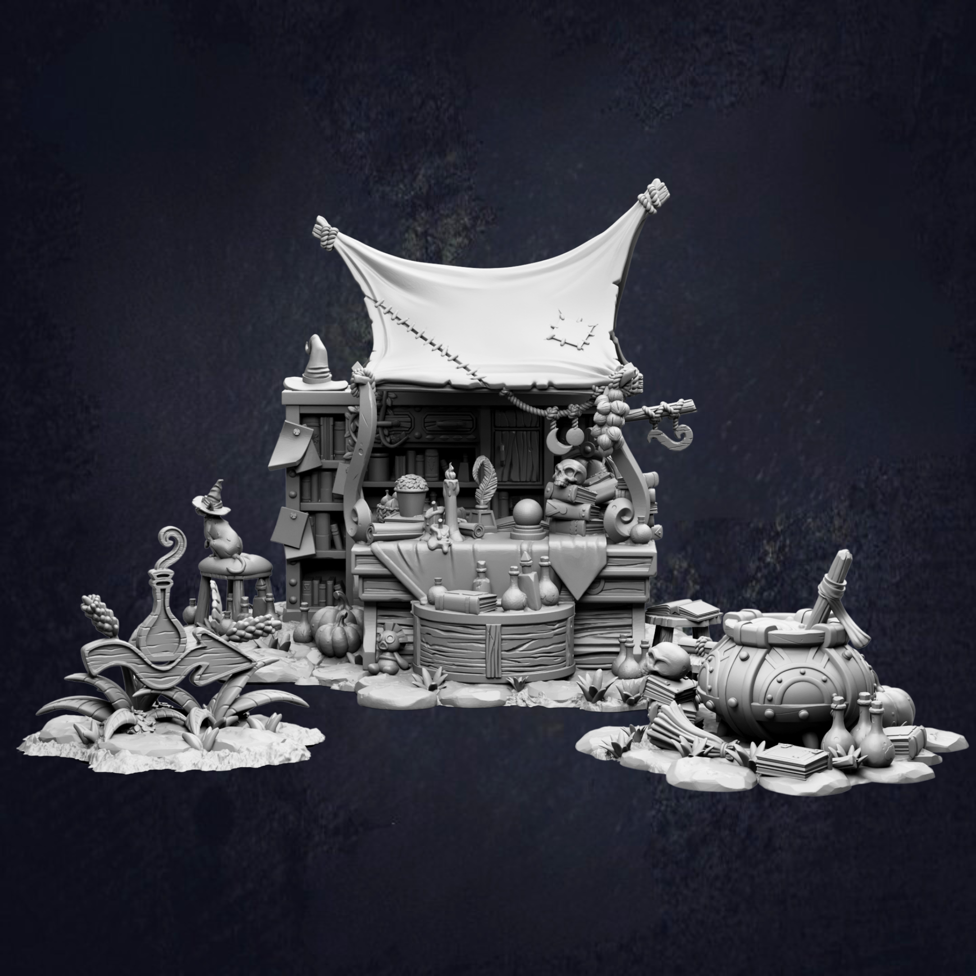 A whimsical, fantastical scene featuring a large, tent-like structure with various objects and decorations, including a cauldron, a dragon, and a small boat.