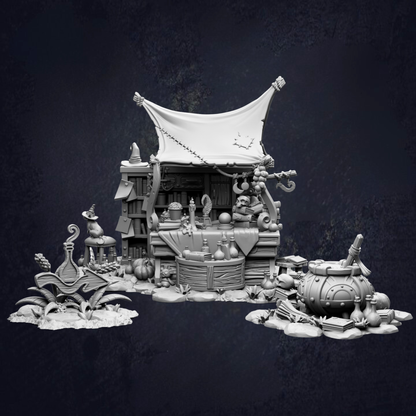 A whimsical, fantastical scene featuring a large, tent-like structure with various objects and decorations, including a cauldron, a dragon, and a small boat.