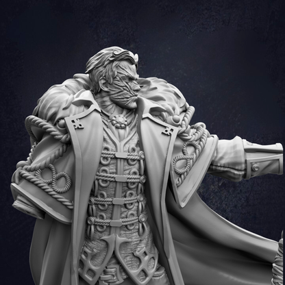 A detailed 3D rendering of a character wearing a fur-trimmed coat with intricate metalwork details, standing against a dark background.