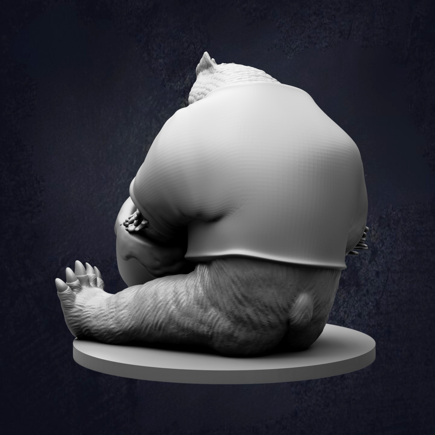 A 3D rendering of a bear sitting on a platform, facing away from the camera.