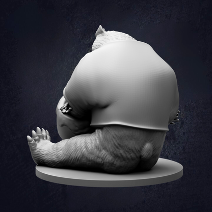 A 3D rendering of a bear sitting on a platform, facing away from the camera.