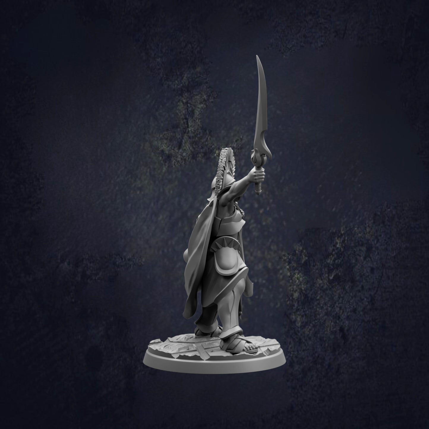 A statue of a warrior figure holding a sword and shield, standing on a pedestal against a dark background.