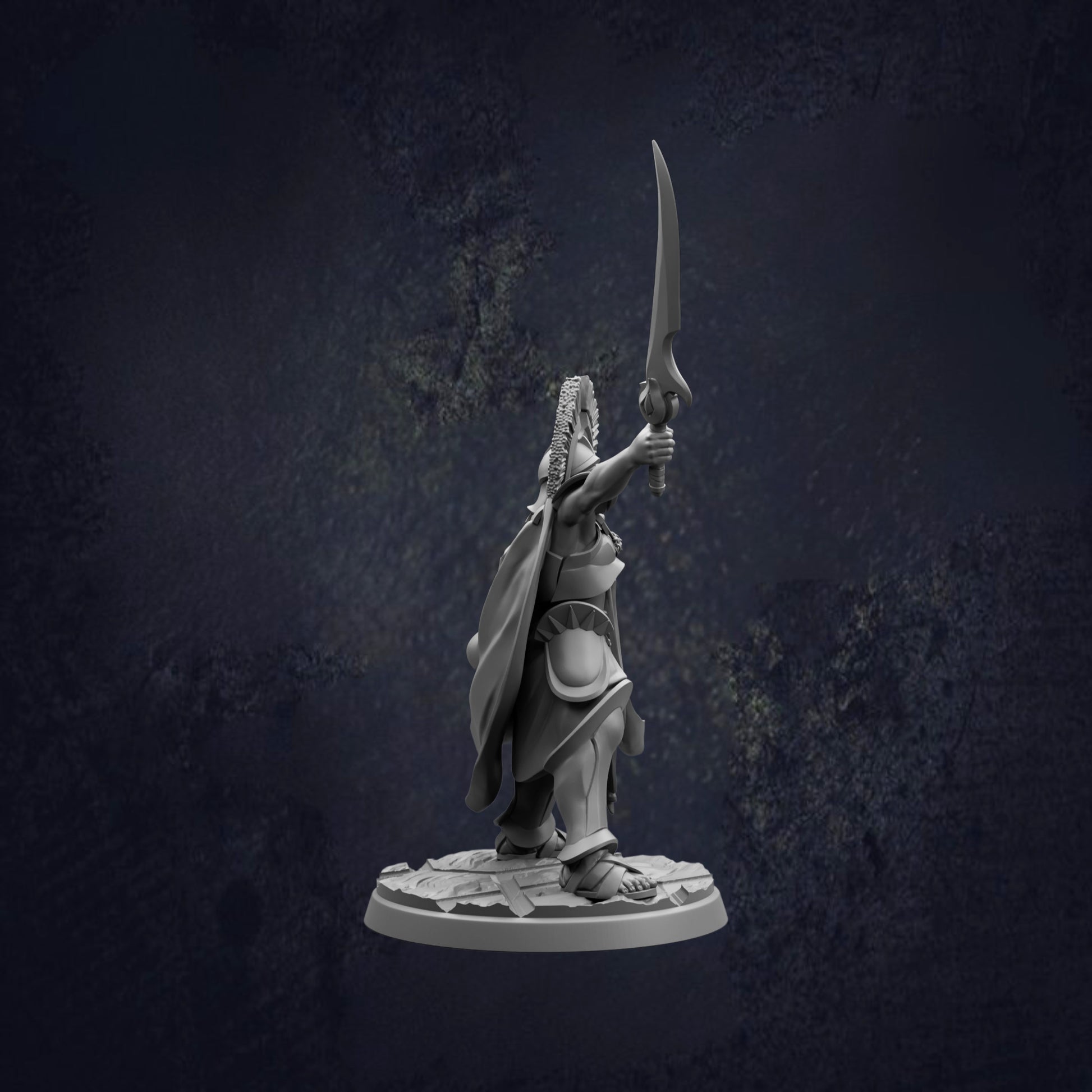 A statue of a warrior figure holding a sword and shield, standing on a pedestal against a dark background.
