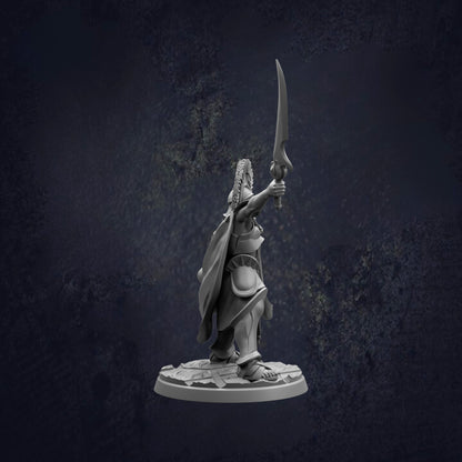 A statue of a warrior figure holding a sword and shield, standing on a pedestal against a dark background.