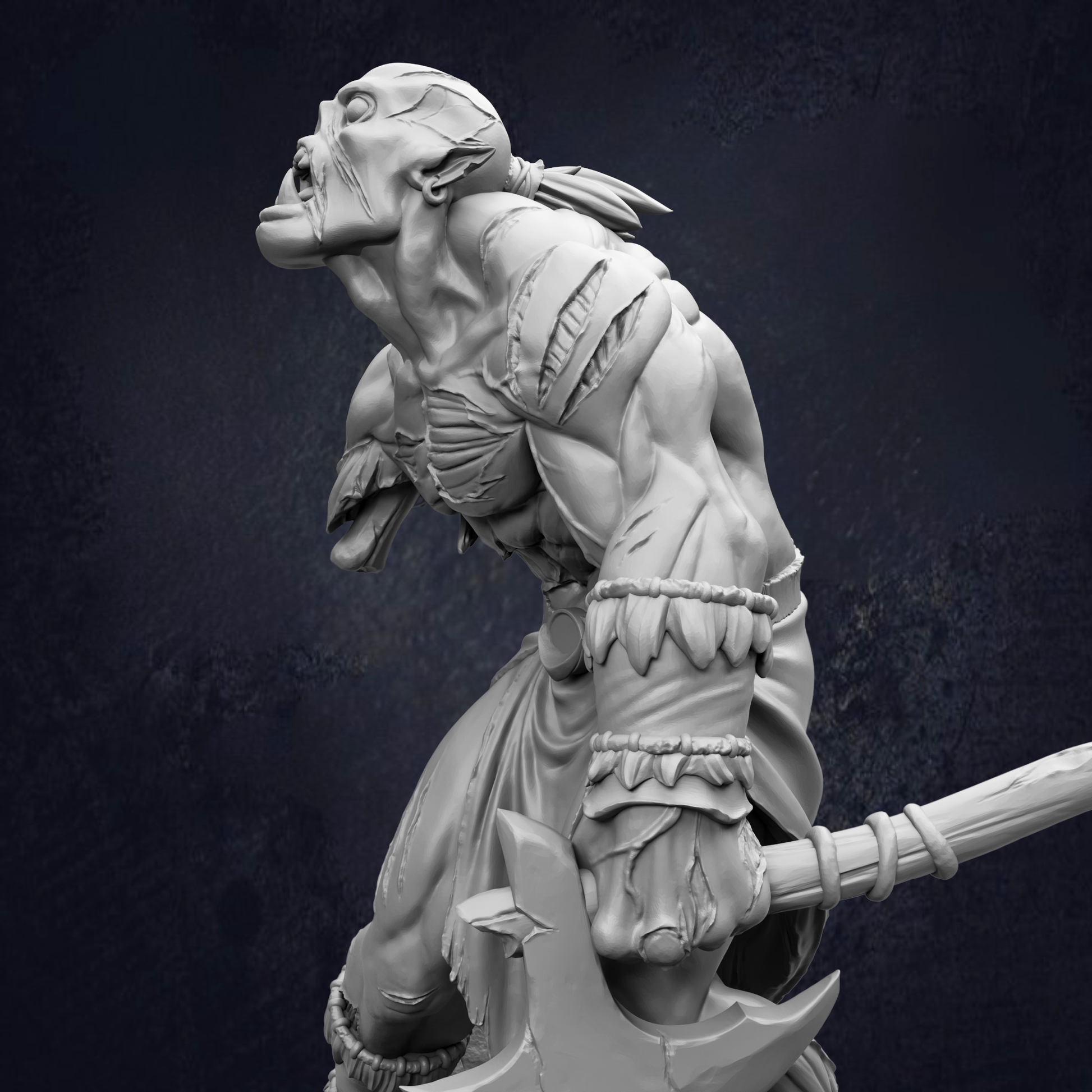 A detailed 3D rendering of a fierce-looking warrior figure, with a large weapon in hand, set against a dark background.