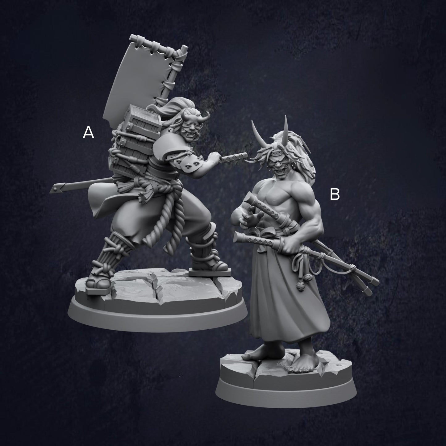 Pair of Katana Oni Samurai D&D RPG Miniatures - labelled for clarification