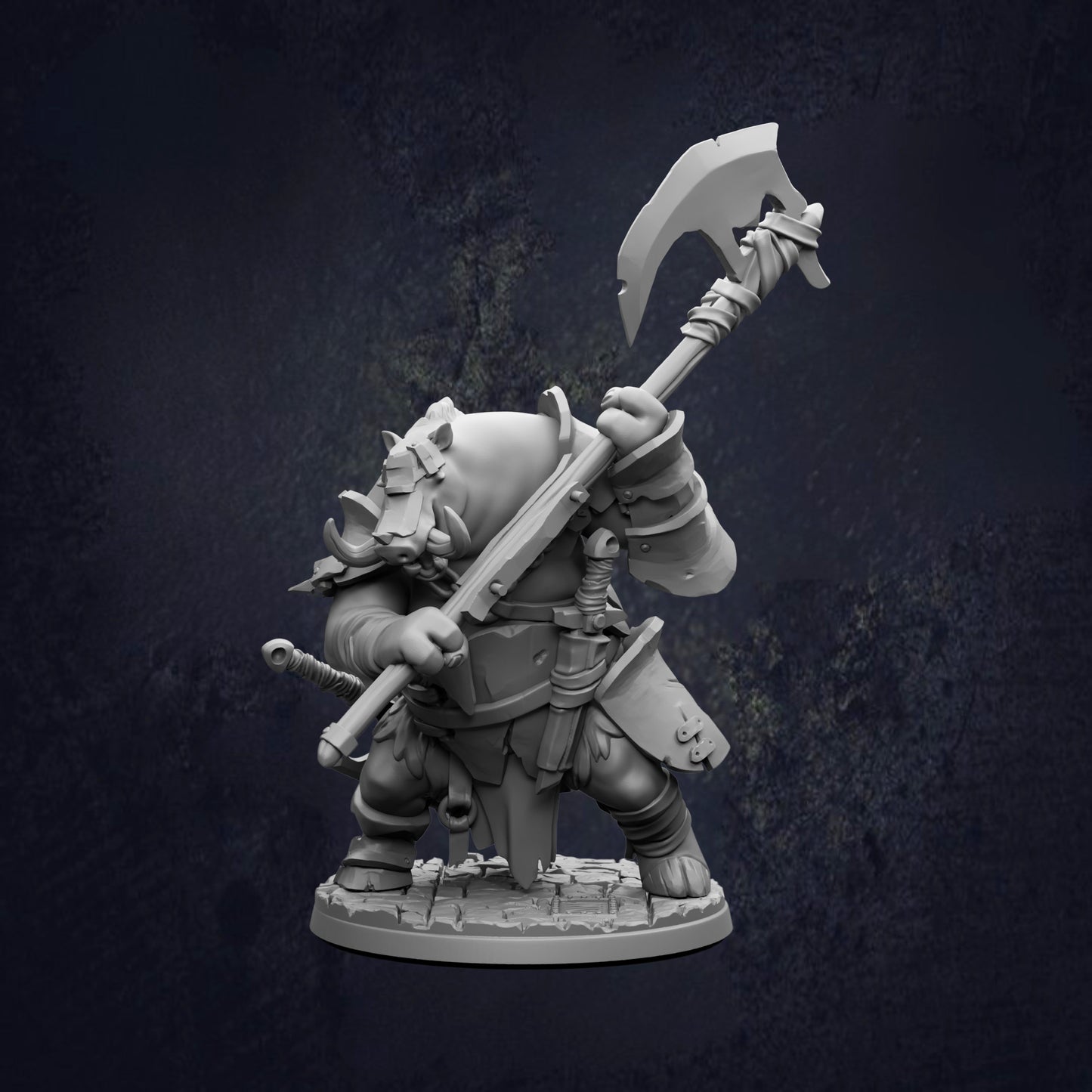 A detailed 3D model of a warrior figure holding a large weapon, standing in a fighting stance.