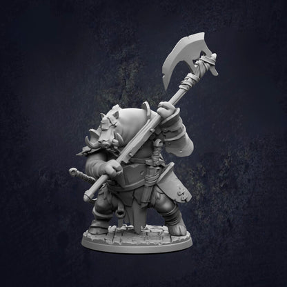 A detailed 3D model of a warrior figure holding a large weapon, standing in a fighting stance.