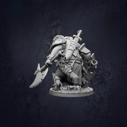 A detailed 3D model of a fantasy character, possibly a warrior or knight, with various weapons and armor.