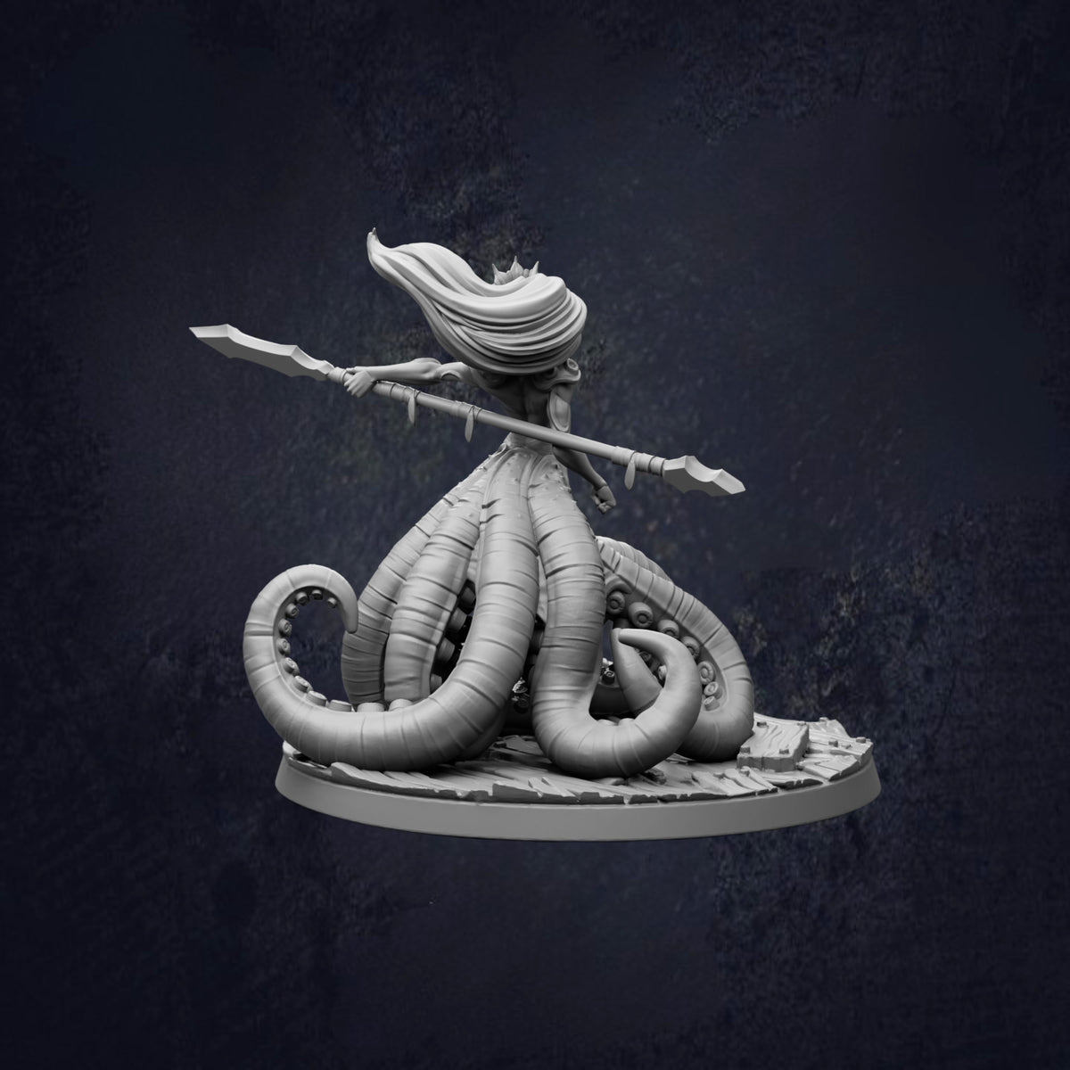 A 3D model of a fantastical creature with multiple tentacles, holding a weapon in its hand.